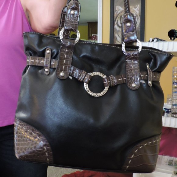 TRENDING, SHOPPER BAG, bucket purse, shoulder straps, blk and brn - Picture 1 of 8